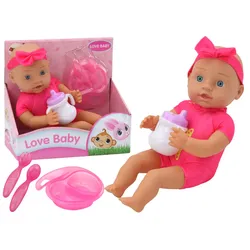 Babypuppe, rosa Kleidung, Stirnband, Fütterungszubehör