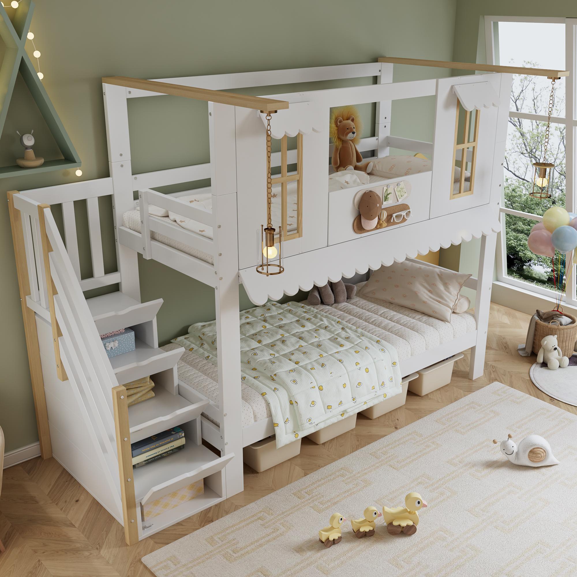 MODFUEtagenbett 90x200cm Holzbett mit treppe,Kinderbett mit Zwei Filzstücke zur Dekoration, Bettrahmen Stauraumbett zum Aufhängen von Dekorationen,Weiß+Natur