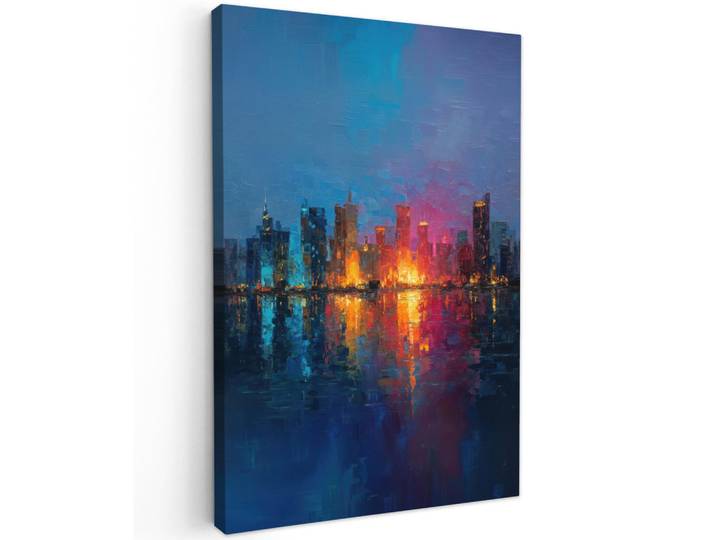 MuchoWow Leinwandbild - Skyline - Pinselstriche - Dunkelblau - Leuchtend - 80x120 - Wanddeko, Blau, Textil, Kiefer, Abstrakt, Rechteckig, 80x120 cm, gerahmt, Bilder & Rahmen, Bilder, Wandbilder