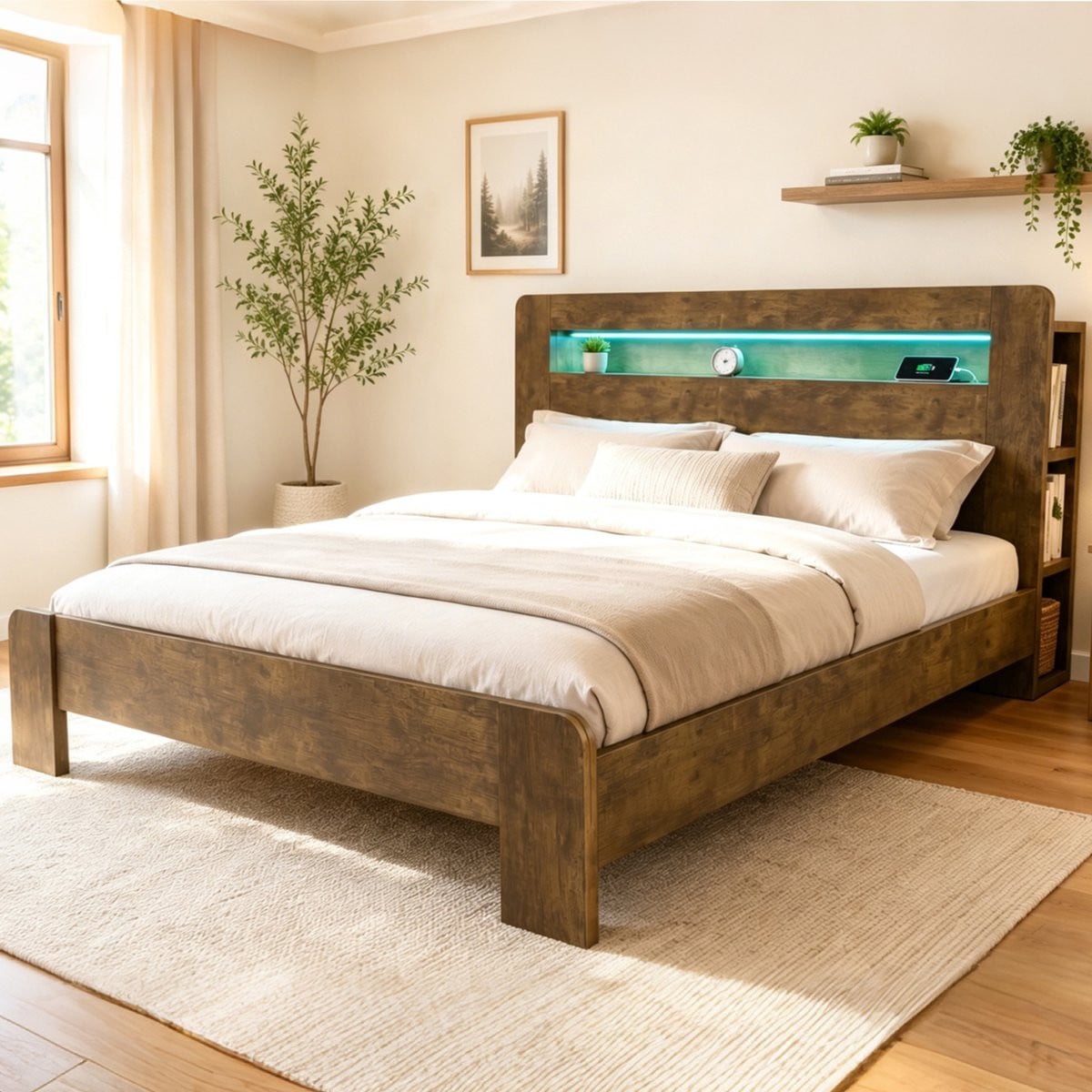 MIVRAY Houten Bed met Opberg Hoofdbord, Ledverlichting en Stopcontacten, Houtkleur, 180 x 200 cm
