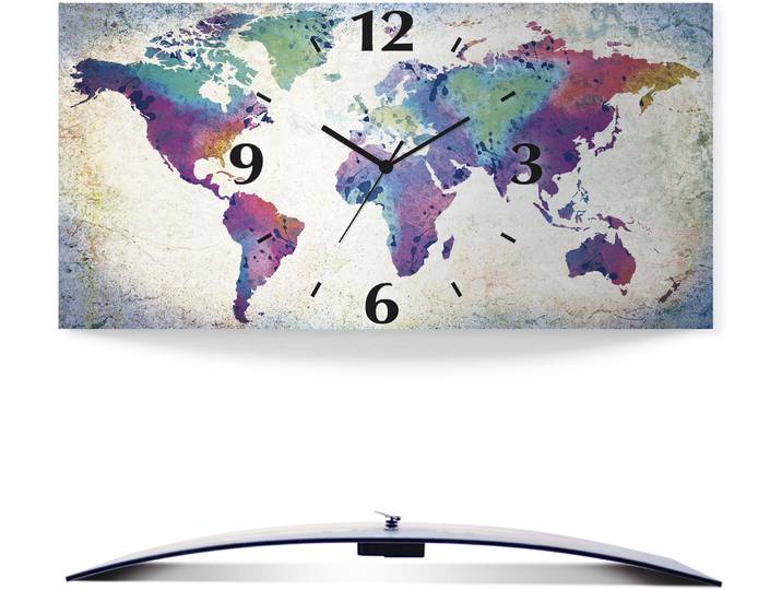 Wanduhr ARTLAND bunte Weltkarte , bunt, B:60cm H:30cm T:0,3cm, Wanduhren, Wanduhr, wahlweise mit Quarz- oder Funkuhrwerk, lautlos ohne Tickgeräusche