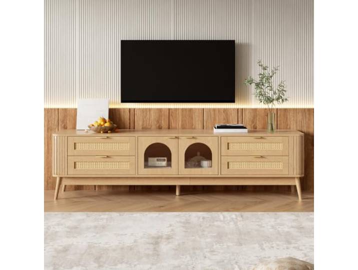 Merax TV-Schrank 180x40x50cm, mit gewölbten ESG-Glastüren, LED per App, 4 Schubladen & Massivholzbeinen – Holzfarbe