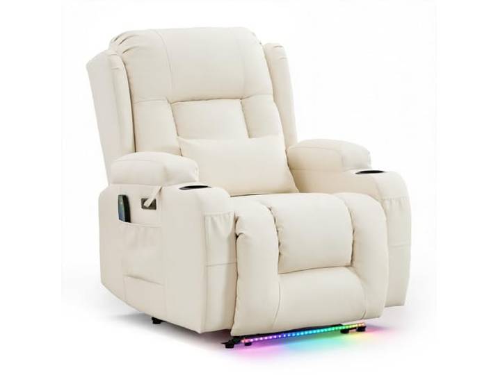 SnyFivv Relaxsessel mit Massage und Heizfunktion, Fernsehsessel Elektrisch Verstellbar, TV Sessel mit USB-Anschlüsse, Getränkehalter, Seitentaschen, Kunstleder (Cremeweiß)