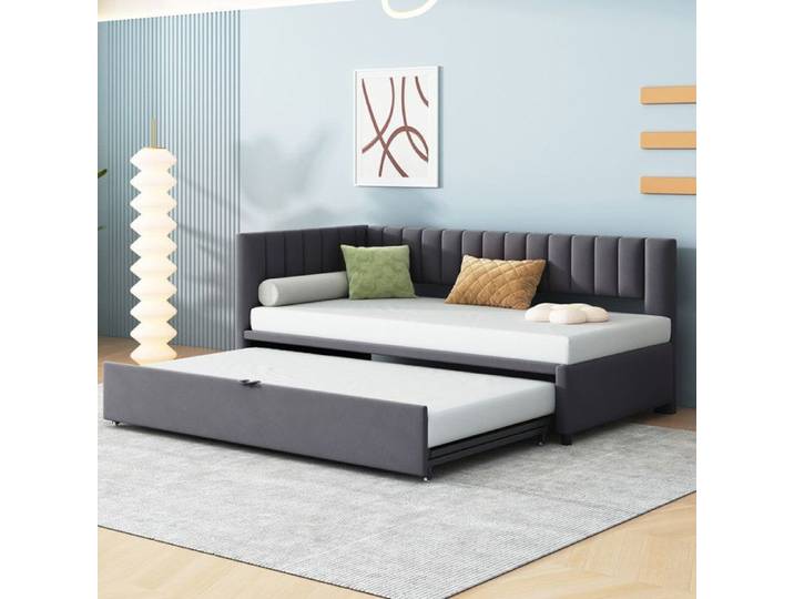 Lit Gigogne 90/180x200 cm Canapé-Lit en Forme Lit Rembourré en Velours Lit Simple pour Lit Enfant Lit Adulte Gris foncé