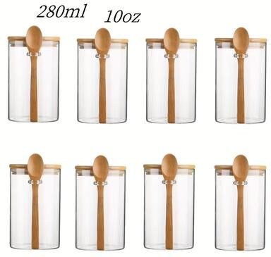 Inspired Finds 10 Oz (280 Ml) Glass Storage Jar With Sealed Bamboo Lid And Spoon For Candy, Biscuits And Bulk Food 8 Pcs