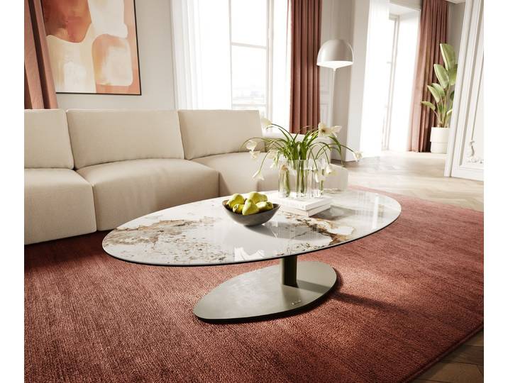 Couchtisch Edge Oval 140x80 cm Keramik Minas Melange Vibany Metall Effektfinish Titan, Couchtische