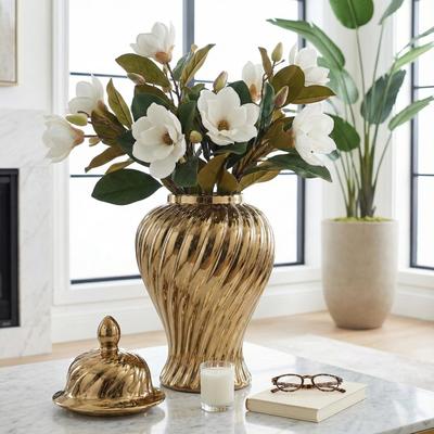 "Sagebrook Home Ceramic 20"" Swirl Temple Jar, White/Gold, Cylinder, 20""H, Swirl - 11"" x 11"" x 20"""