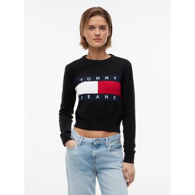 Rundhalspullover TOMMY JEANS "TJW FLAG CREW NECK SWEATER EXT", Damen, Gr. 3X (54), schwarz, Strick, Obermaterial: 100% Baumwolle, gemustert, normal, Rundhals, Pullover Rundhalspullover, Baumwolle, Flag Strickmuster