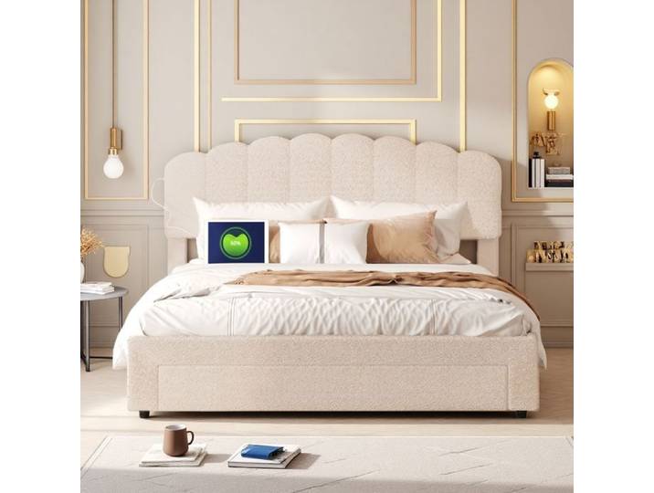 Lit double - Lit 160x200 teddy beige - Tiroir de rangement - USB & Type‑C intégré - Tête réglable 103‑108 cm