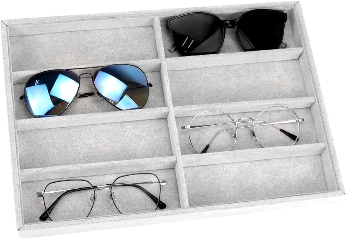 Grijs Sieradentray met 8 vakken en afneembare scheidingen, Stapelbare fluwelen organizer voor brillen, horloges en sieraden