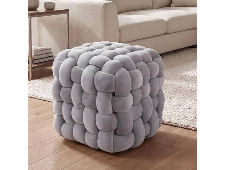 Mendler Hocker HWC-Q48 Samt (220g/m²) 39cm - dunkelgrau Sitzhocker, Ottomane, Polsterhocker, Knoten-Pouf