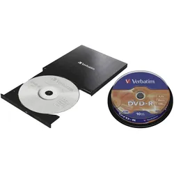 Verbatim Externer Slimline CD/DVD-Brenner + DVD-R 4,7GB 16x Silver Matt 10er Spindel (CD Brenner, DVD Brenner), Optisches Laufwerk, Schwarz