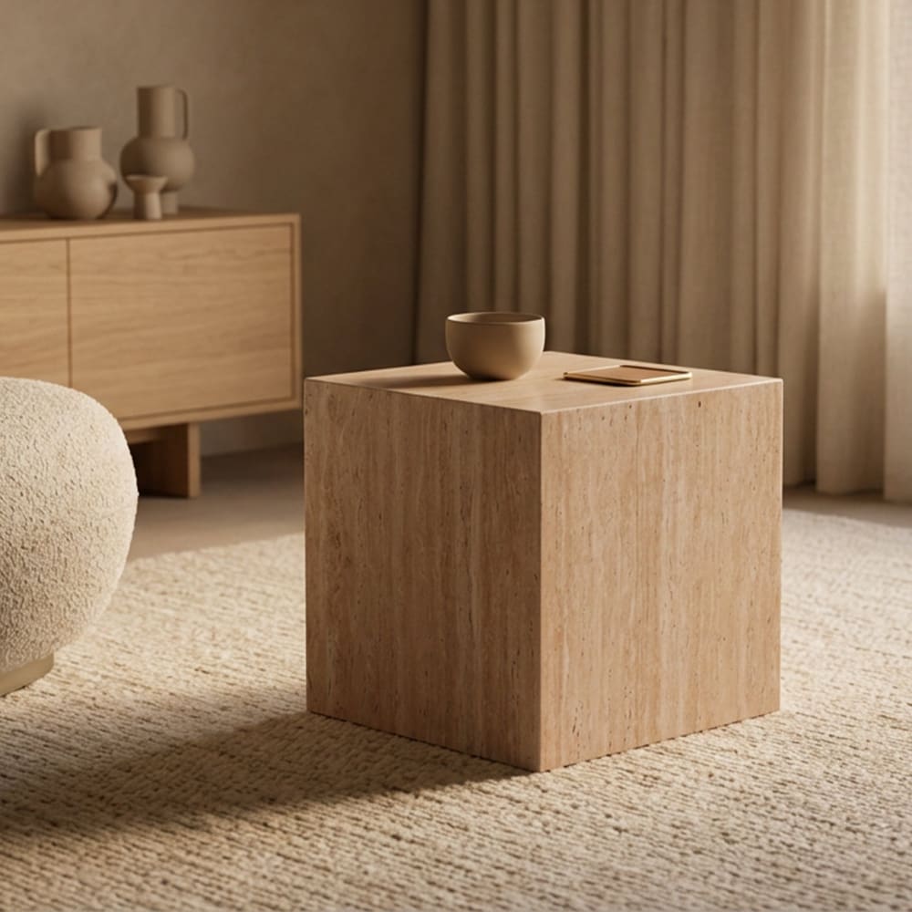 MOBILIER DECO  Table basse carré marbre d'ingénierie couleur travertin Beige 40x40x40cm