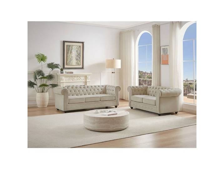 Canapé 3 places et 2 places en velours beige CHESTERFIELD
