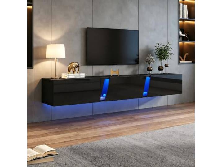 Merax TV Schank, Moderner Lowboard Schwarz Hochglanz hängend mit LED-Beleuchtung, TV Board Fernseherschank mit Falttür, TV-Ständer für 75-Zoll-Fernseher, Wandmontierte TV-Regale 180cm für Wohnzimmer