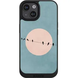 Nivocase Handyhülle für Apple iPhone 15 Hülle NIVOpure Case Schwarz Mond Vogel türkis (Apple iPhone 15), Smartphone Hülle, Schwarz, Türkis