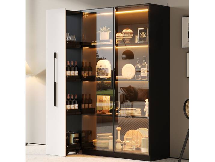 Vitrine Haute 110\,5x35x160 Cm En Mdf Et Verre\, Noire Et Blanche\, Led\, Rangement Pour Salon – Meubliv