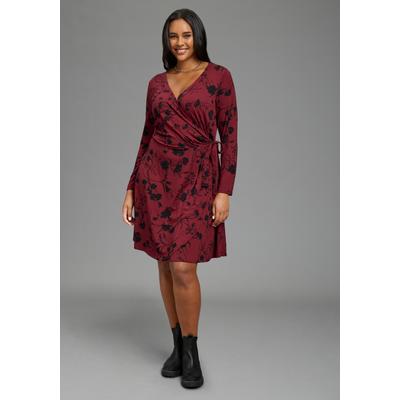 Wickelkleid LAURA SCOTT CURVE "Große Größen", Damen, Gr. 46, N-Gr, Langarm, Jersey, rot (bordeaux, geblümt), Jersey, Obermaterial: 95% Viskose, 5% Elasthan, geblümt, tailliert knielang, V-Ausschnitt, Kleider Wickelkleid, in großen Größen, aus...