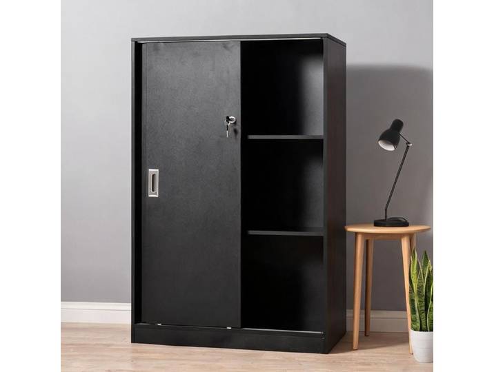 Armoire de bureau noire 80x40x120 cm panneaux de particules 2 portes coulissantes verrouillables 2 étagères