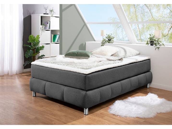 Boxspringbett, Strukturstoff, Grau, 126×206 cm, Ohne Kopfteil, Modern, andas