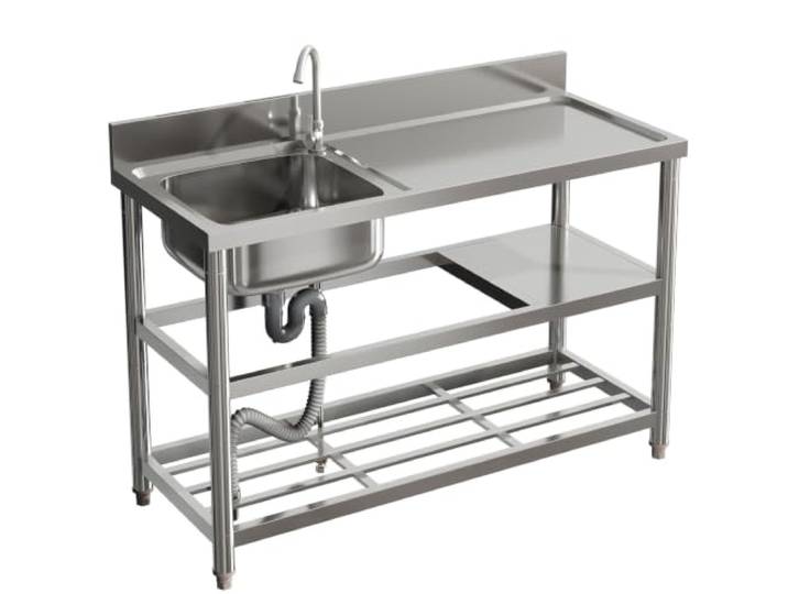 HBSSP Freistehendes Einzelbecken-Spülbecken Küche, 3-stufiges Regal,Gewerbliches Restaurant Aus Edelstahl, Spülbecken Mit Ablagefläche, Mit Abtropfgestell(Brushed left Bowl)