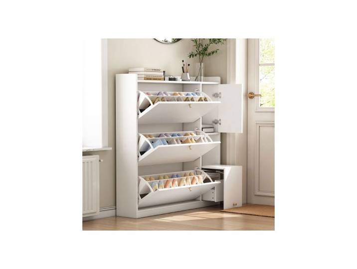 Meuble Chaussure Entree Armoire à Chaussures avec 3 Tiroirs Rabattables Rangement Chaussure avec Banc Rabattable 119x24x122cm