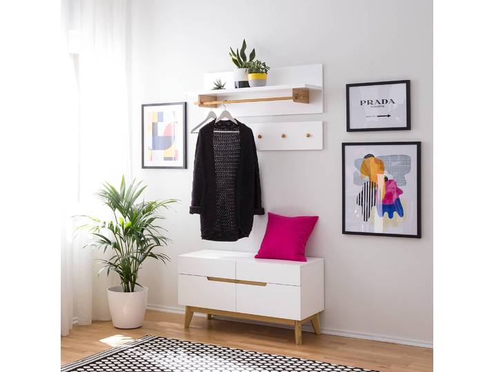 Porte-manteau mural 97 x 35 x 32cm Blanc/Blanc/Chêne