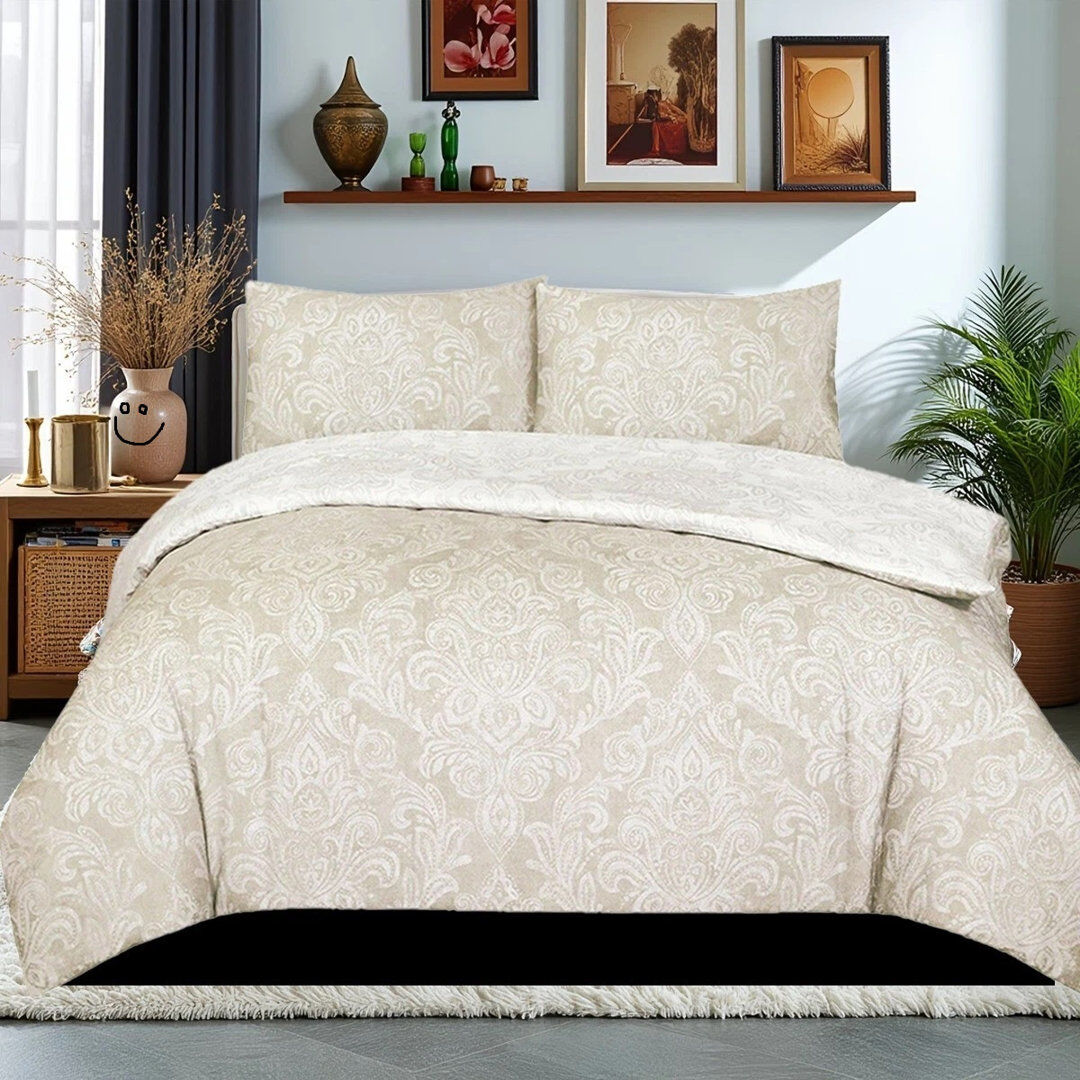 SHAZ HOME Cotton Damask Duvet Cover Set Beige Damask Super King Duvet Cover Set + 3 Additional Pieces