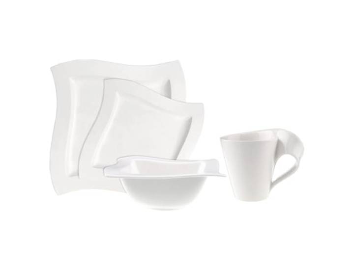 Villeroy & Boch NewWave 4-teiliges Gedeck Cremeweiß Porzellan-Gedeck mit Speiseteller, Salatteller, Schüssel und Tasse im flüssigen Design der NewWave Kollektion
