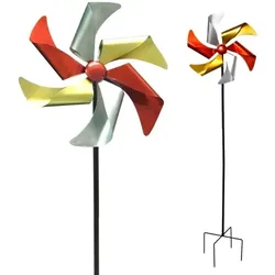 Lex Windrad Windspiel Metall Gartendeko Balkon Terrasse Erdspieß rot gelb silber : Rot, Gelb, Silber