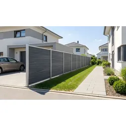 BPC Steckzaun Keitum – Zaunsystem aus BPC, greystone / Ipé – moderner Sichtschutz mit Lamellen – Sichtschutzzaun für Gärten