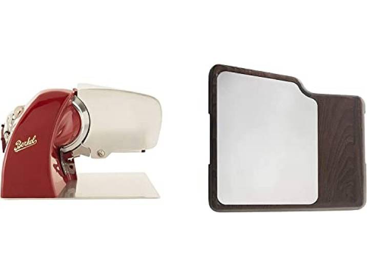 Berkel Aufschnittmaschine - Home Line 200 Plus - Elektrischer Allesschneider in Rot – Neues Modell + original Berkel Schneidebrett aus Esche und Stahl+handgefertigtes Eichenbrett