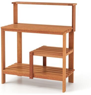 Costway Outdoor Garden Potting Wood Planting Workstation with Open Shelves