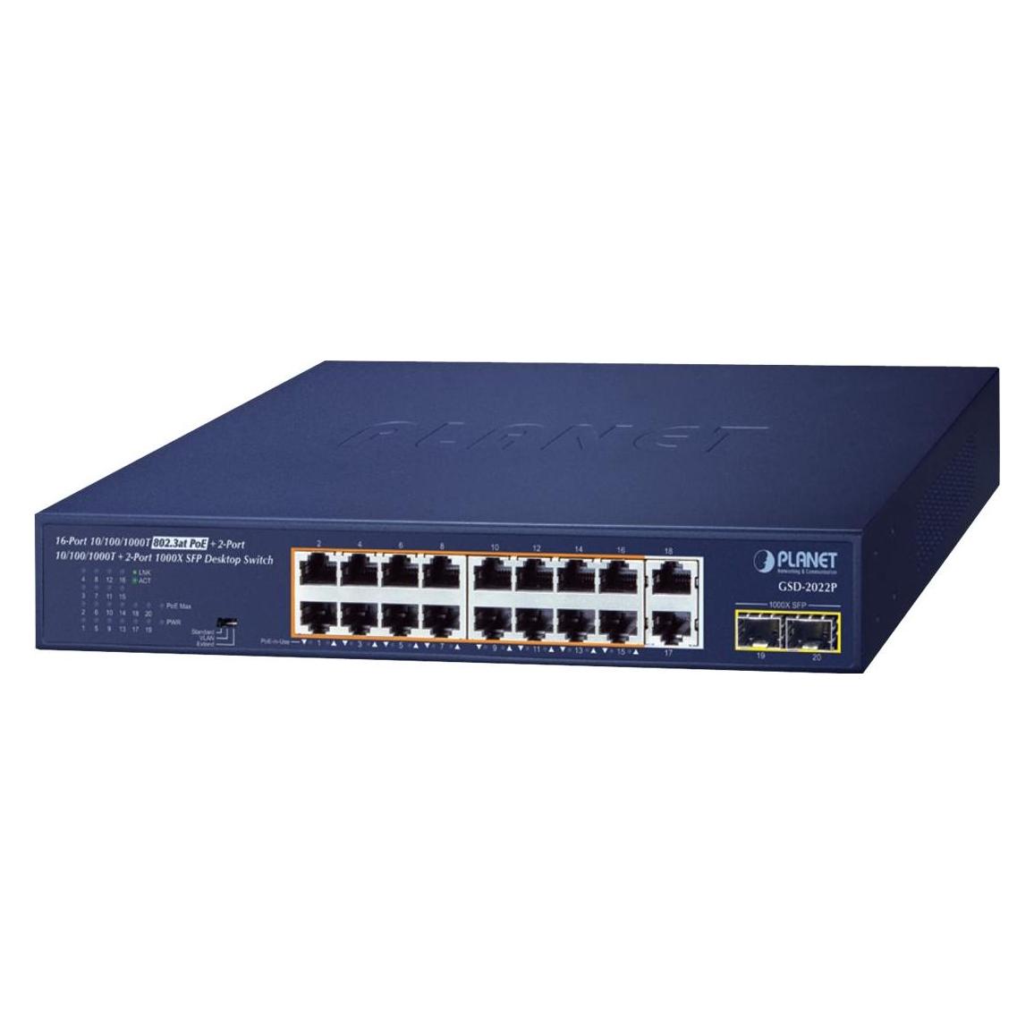 Planet 16-Port GE 802.3at + 2-Port GE + 2-Port 1000X SFP (20 Ports) (GSD-2022P)