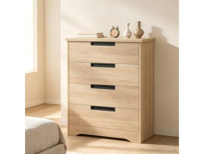GarveeHome Kommode 4 Schubladen hoch schmal Naturholz mit eingelassenen Griffen, für Schlafzimmer und Flur, viel Stauraum