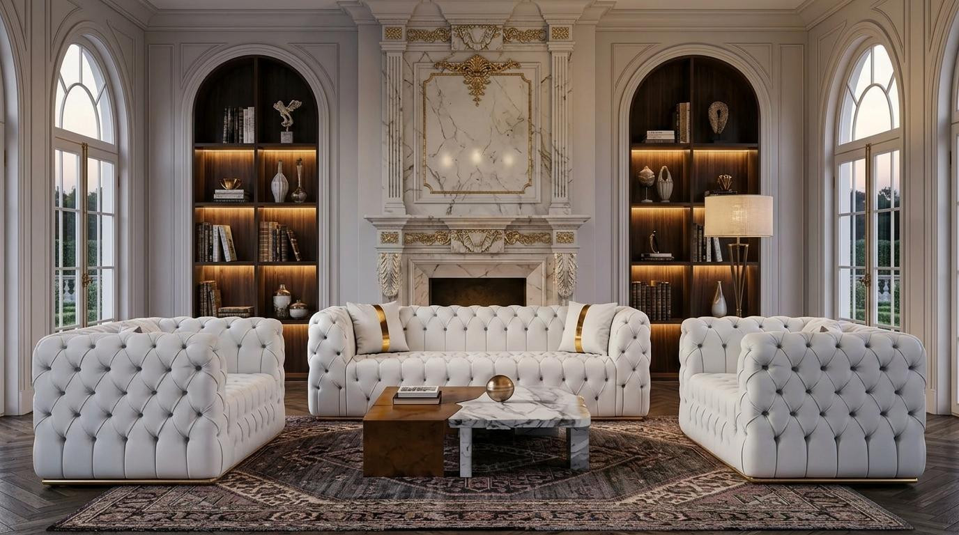 JVmoebel Chesterfield bank set met 2 fauteuils in het wit