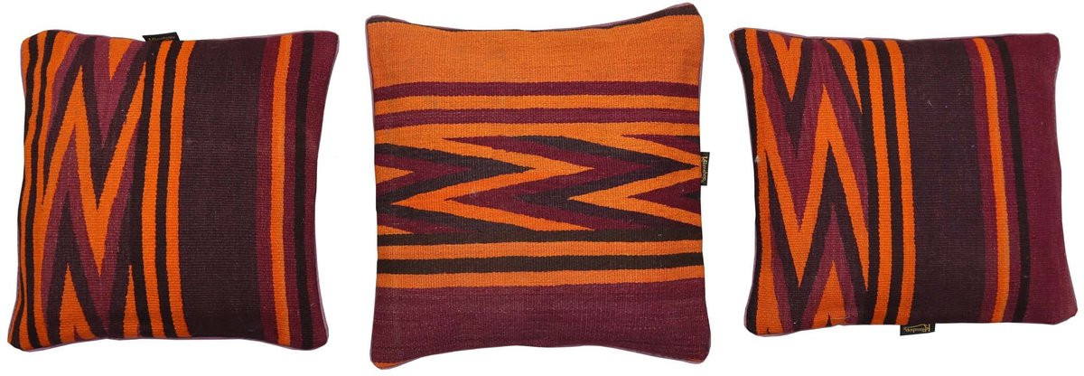 Handgeweven Kilim Kussenhoes met Grafisch Boho Design in Oranje, Wol, 45 x 45 cm