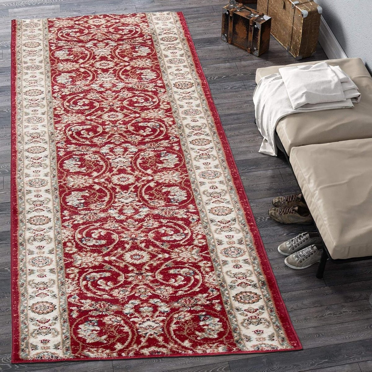 Loper Tapijt met Bloemenpatroon in Rood Bourgondië - 70 x 180 cm