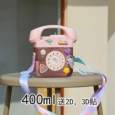 Uplift Picks Telephone Shape Cute Water Bottle With Straw Kawaii Kids Plastic Bottle 400ml pink