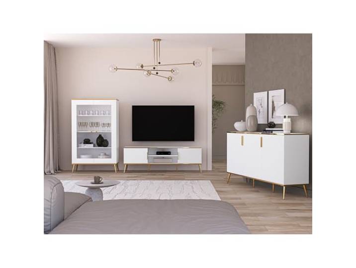 Lomadox Wohnmöbel Set 3-teilig Vitrinenschrank Lowboard Fernsehschrank Sideboard weiß mit goldfarbenen Griffen