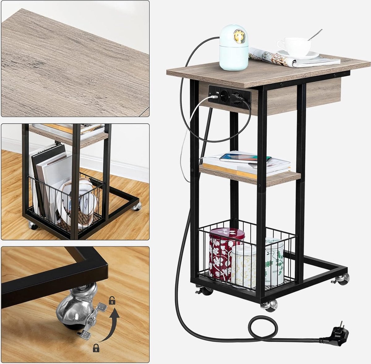 Bijzettafel met laadstation en wielen, C-vormige salontafel met legplank, greige-zwart