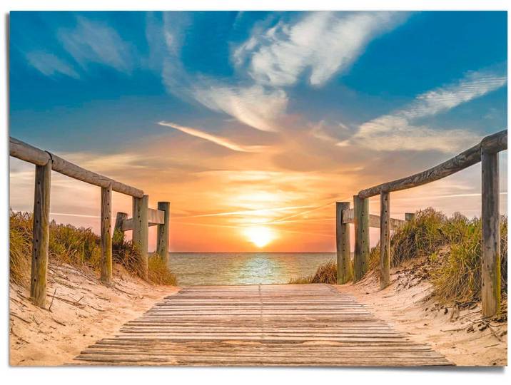 Poster REINDERS Sonnenuntergang am Strand , blau (farbe bild(er): blau), B:140cm H:100cm T:0,1cm, Papier, Bilder, Poster