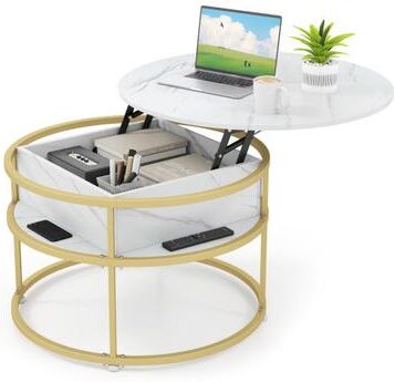 Costway 31.5 Inch Round Lift Top Coffee Table with Hidden Compartment and Side Shelves-White