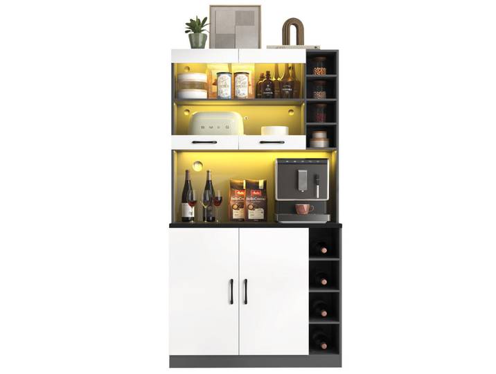 Redom Buffetschrank 100/47/187 cm mit LED-Beleuchtung, Glaseinsatz und Kabelführung, Grau/Weiß, Rechteckig, 100x187x47 cm, Esszimmer, Anrichten, Buffetschränke