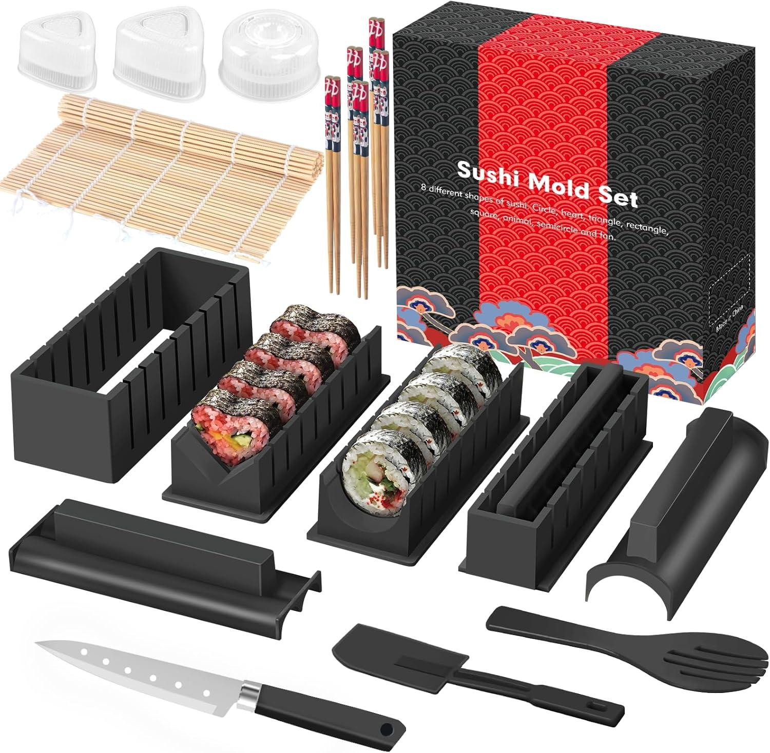 Merkloze 20-delige sushi maker set voor beginners met mallen en mat, zwart