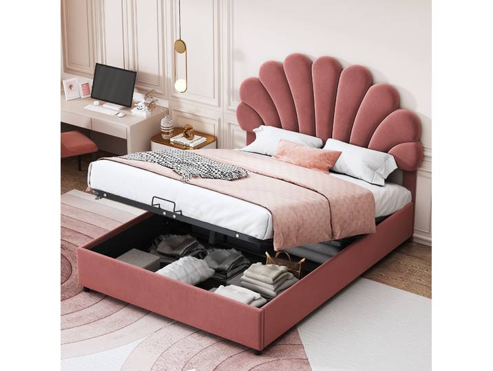 Lit Coffre 140x200 Capitonné\, Velours Rose Havrya
