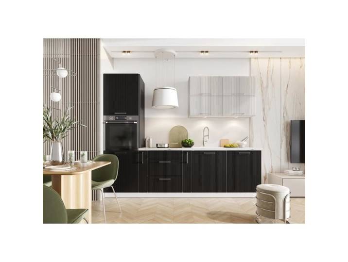 Cuisine complète emplacement four et lave-vaisselle encastrable 270 cm noire - KATIA