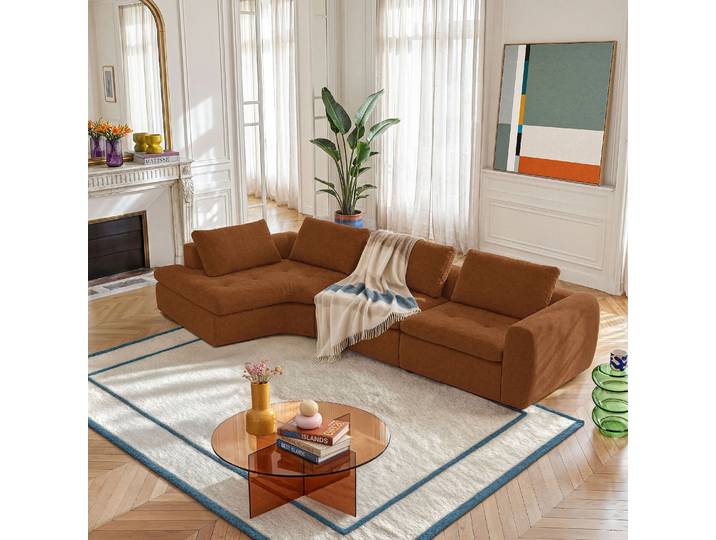 HABITAT - Grand canapé d'angle gauche incurvé modulable en tissu - Marron noisette - Ameria