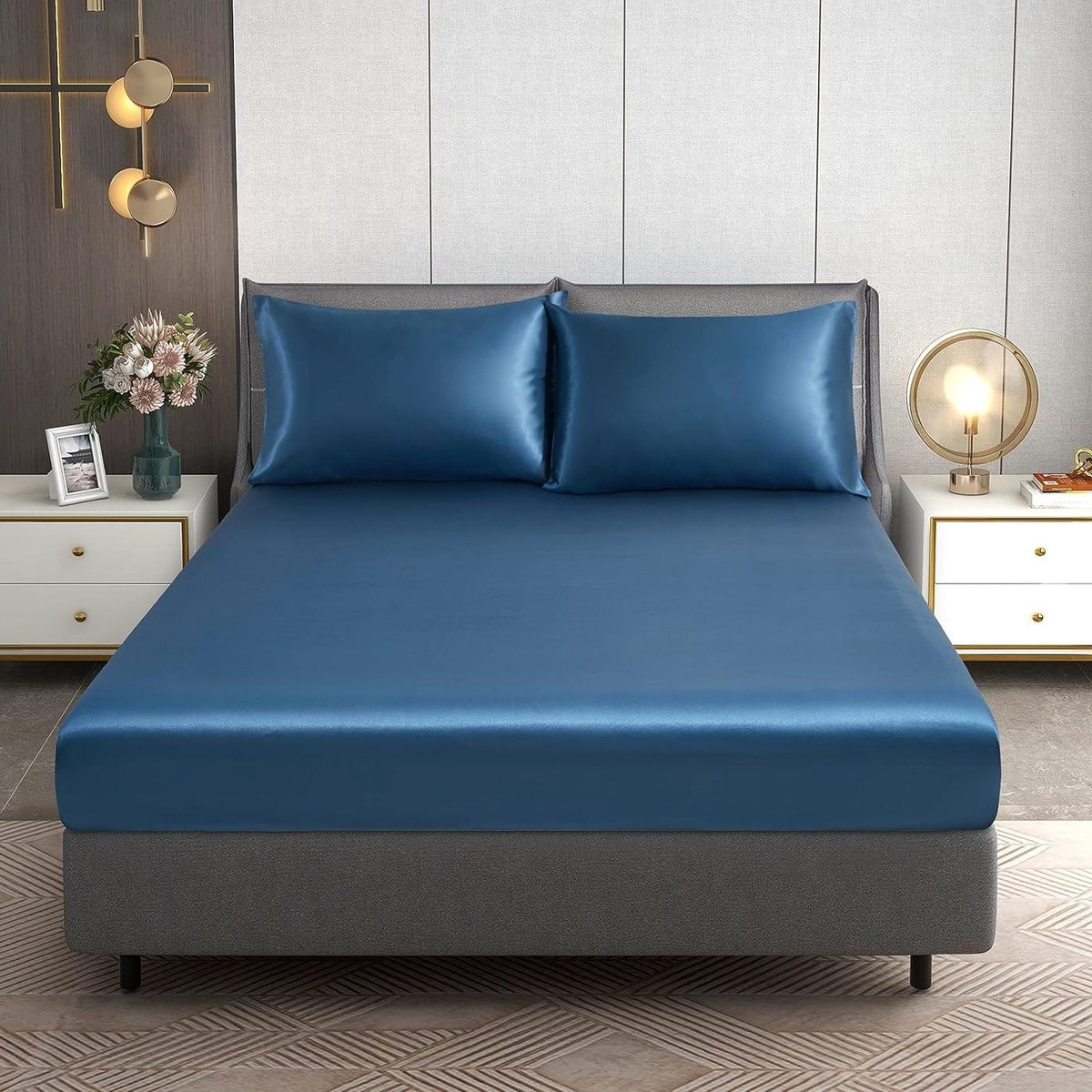 Satijnen hoeslaken Queen size - Donkerblauw