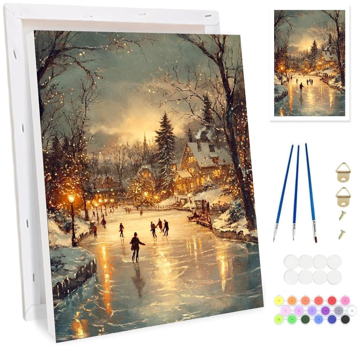 Schilderen op nummer Kerst winterdorp kit voor volwassenen en beginners met ingelijst canvas en acrylverf